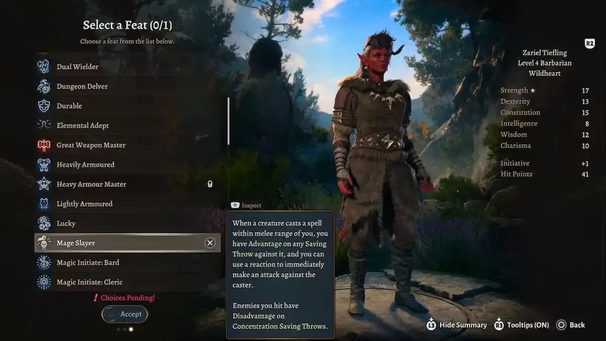Een afbeelding met een Tiefling Barbarian en de Mage Slayer -prestatie in Baldur's Gate 3 (BG3), als onderdeel van een artikel over de beste prestaties om voor de klas te selecteren.