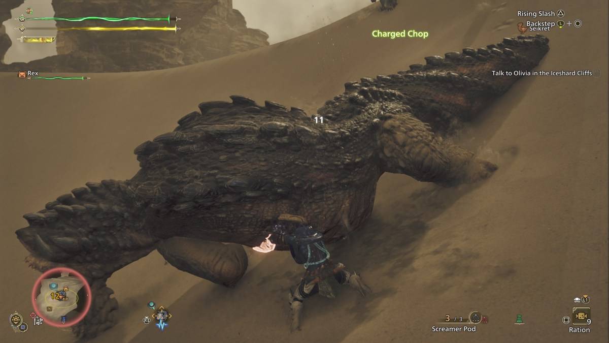 Охотник в Monster Hunter Wilds, выполняющий атаку вниз по вниз с мечом и щитом