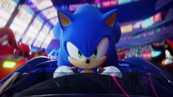 A closeup shot of Sonic the Hedgehog leading a pack of racers in the Sonic Racing: CrossWorlds trailer