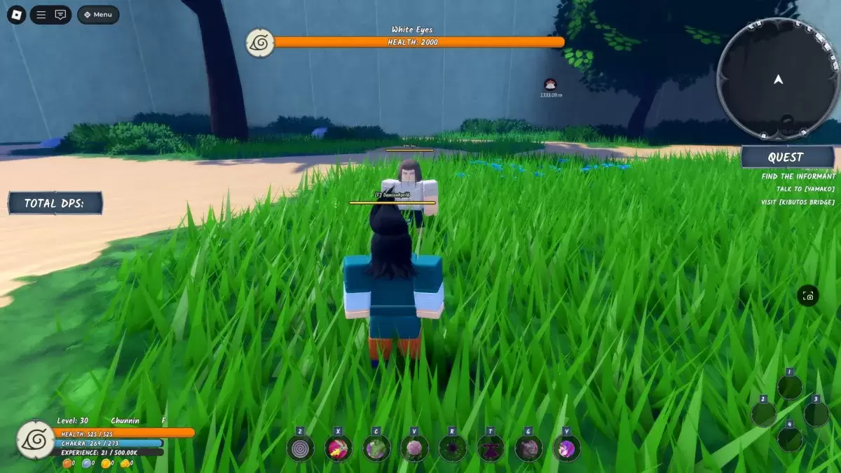 Een speler die naast de witte ogen staat, de laatste baas van het Chunin -examen in Ninja Time Roblox -ervaring