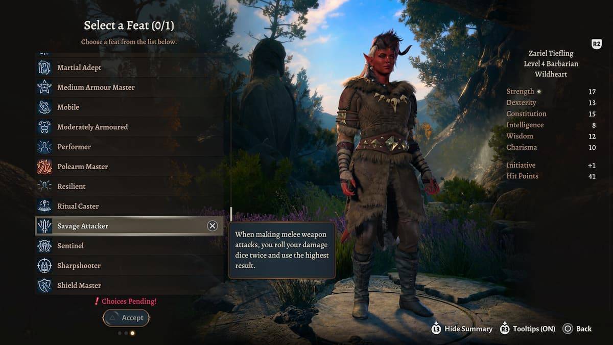Een afbeelding met een Tiefling Barbarian en de Savage -aanvallerprestatie in Baldur's Gate 3 (BG3), als onderdeel van een artikel over de beste prestaties om te selecteren voor de klas.