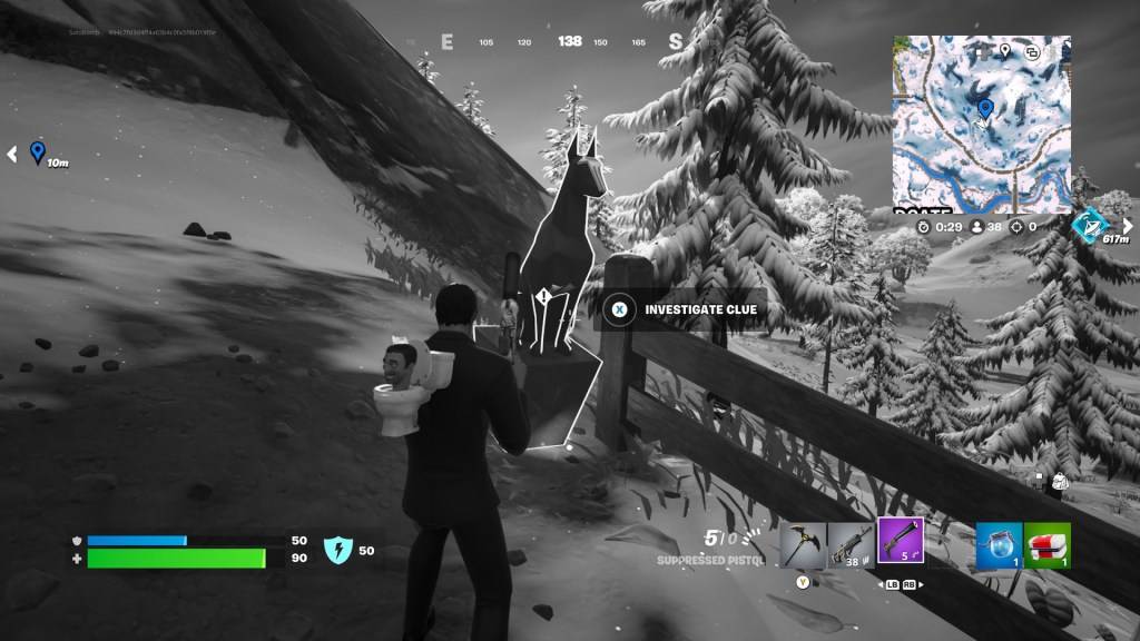 The dog statue, a clue in the Fortnite Winterfest 2024 quest.