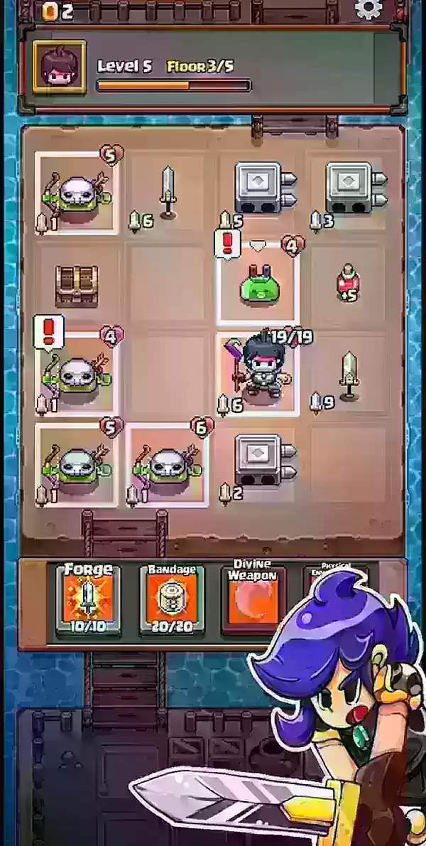Uno screenshot di spedizione della griglia con un guerriero ispirato agli anime blu in una battaglia dinamica a base di griglia