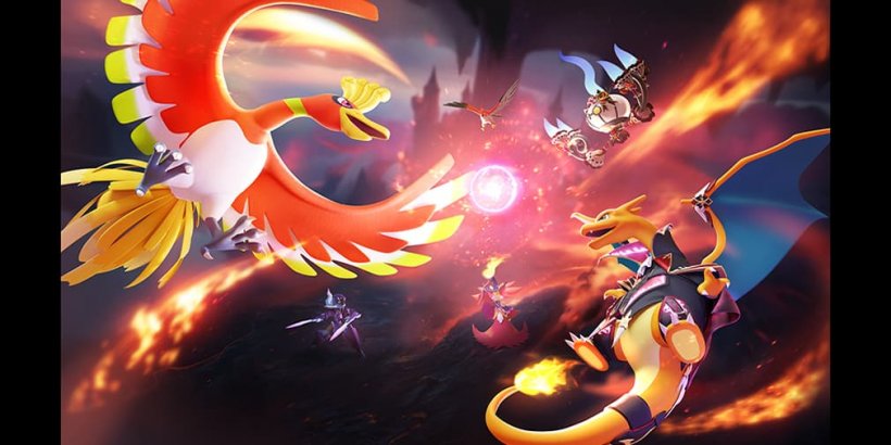 Pokémon di uccelli arancione, bianco e giallo che combattono un Pokémon di drago arancione