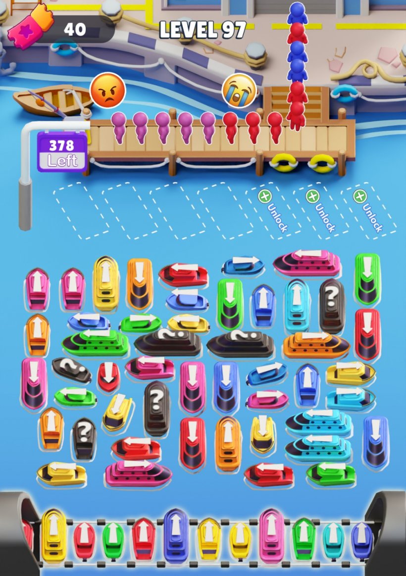 Ang screenshot na nagpapakita ng gameplay mula sa Craze ng Boat: Pagtakas sa Trapiko, na nagpapakita ng mga gridlocked na bangka na kailangan mo upang makatulong na mag -navigate.