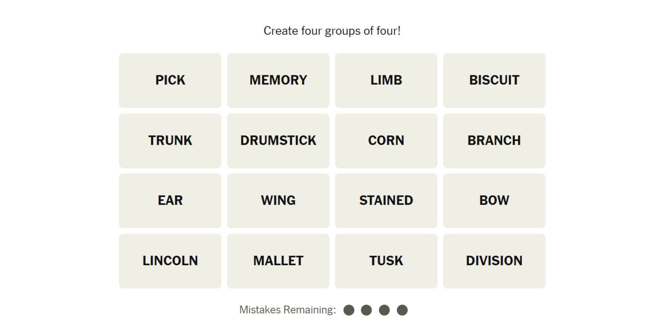 The Connections puzzle for today contains the words: Pick, Memory, Limb, Biscuit, Trunk, Drumstick, Corn, Branch, Ear, Wing, Stained, Bow, Lincoln, Mallet, Tusk, and Division.
