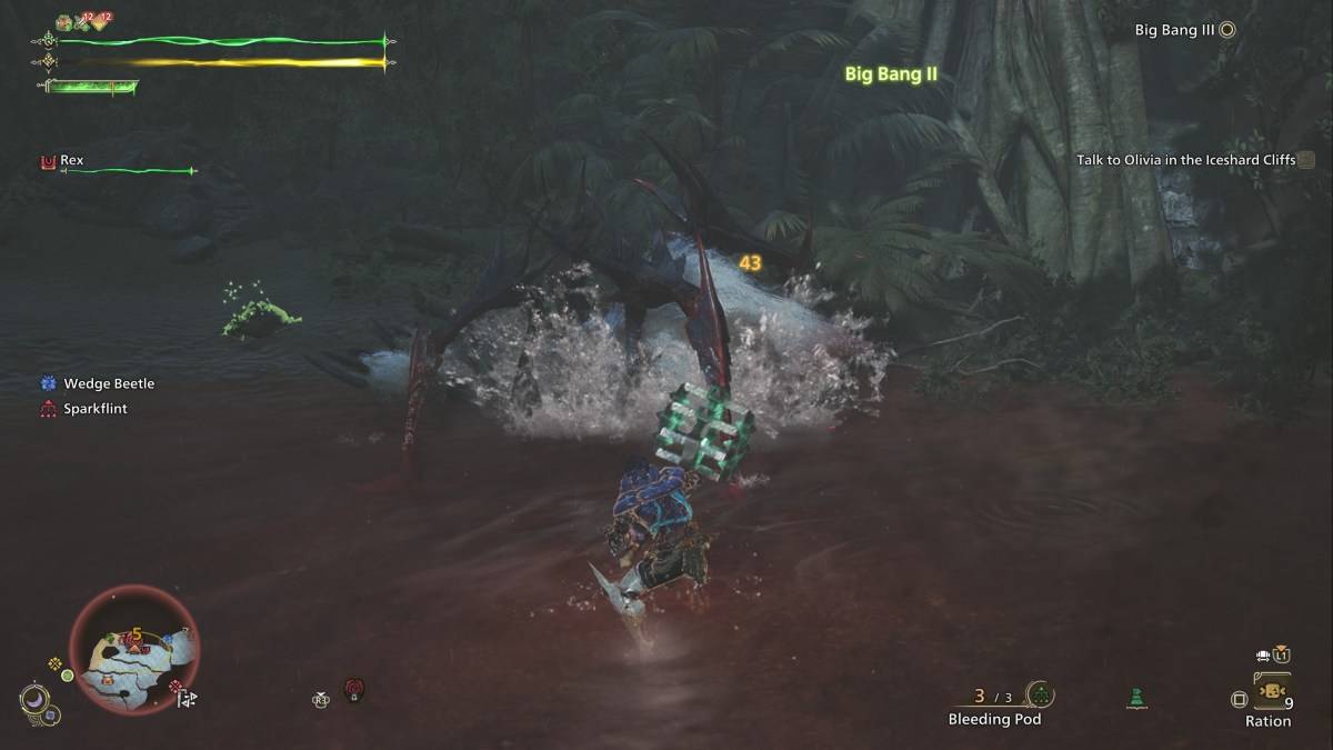 Охотник в Monster Hunter Wilds, использующий оглушительный молот, чтобы атаковать Lala Barina