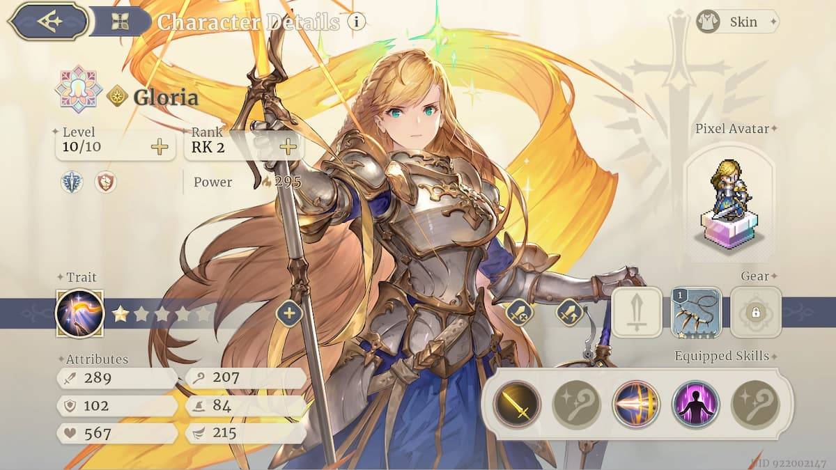 Isang screenshot ng screen ng character ni Gloria sa Sword of Convallaria