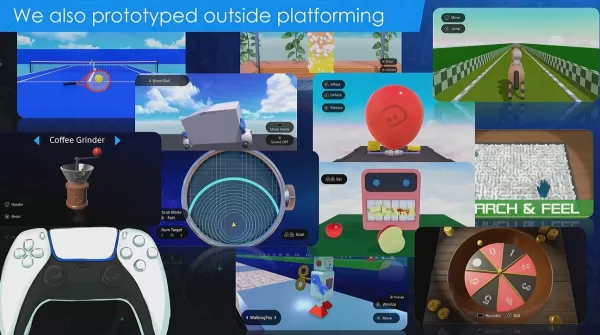 Another slide from the talk showing various prototype activities that were made for Astro Bot.