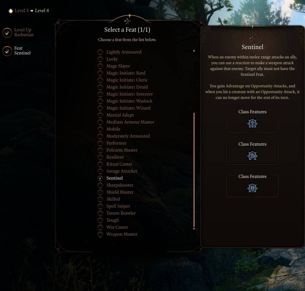 Een afbeelding met de Sentinel -prestatie in Baldur's Gate 3 (BG3), als onderdeel van een artikel over de beste prestaties om voor de klas te selecteren.