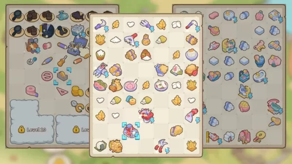 庭工具とマージ可能アイテムを表示するマージキャットタウンのゲームプレイ