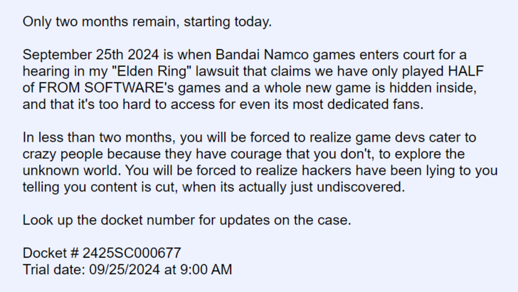 Elden Ring Lawsuit Announcement on 4Chan