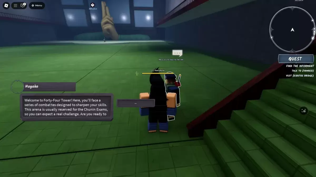 Een speler die naast het Hayake Chunin -examen NPC staat in Ninja Time Roblox -ervaring