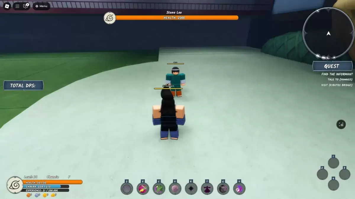 Een speler die naast de Stone Leo Chunin -examenbaas staat in Ninja Time Roblox -ervaring