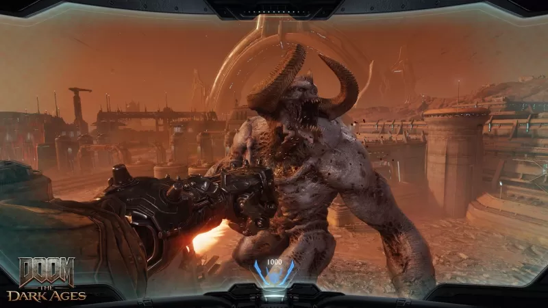 The mech battles are Pacific Rim-scale punch ups. | Image credit: id Software / Bethesda