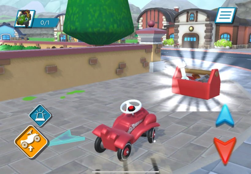 Screenshot of a red toy car slaloming around a track with buttons on-screen