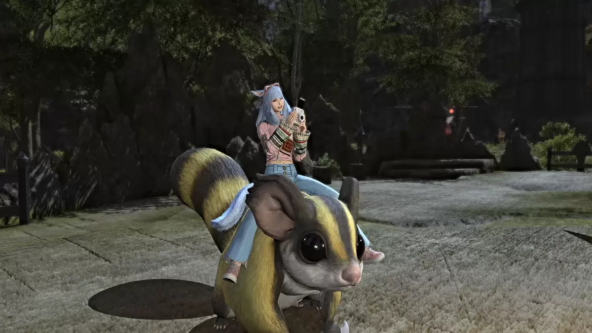 Photograph emote used while mounted in FFXIV